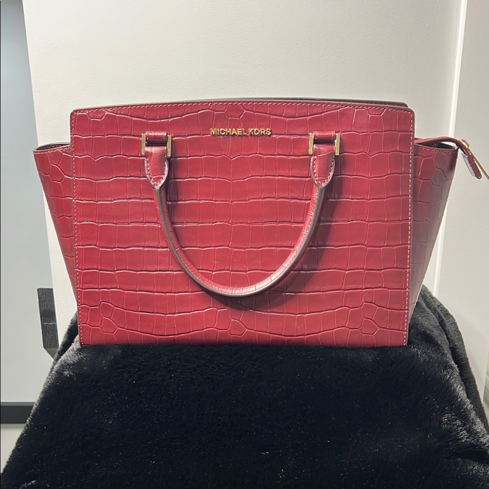 Michael Kors Selma Burgundy Satchel with Crocodile Texture